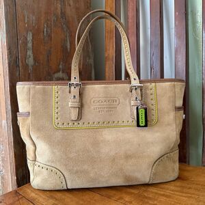 Vintage 2004 Coach Hampton Suede Tote Tan Leather Shoulder Bag